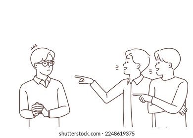 Smiling guys point at mate in glasses mocking or bullying him. Mad violent males laugh at stressed boy in eyewear. School mockery and discrimination. Vector illustration. 
