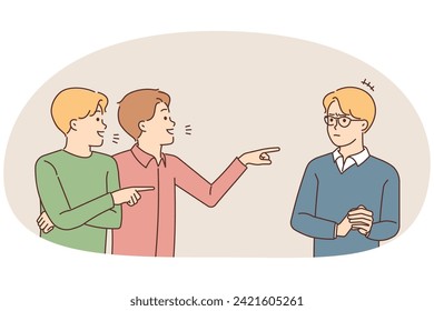 Smiling guys point at mate in glasses mocking or bullying him. Mad violent males laugh at stressed boy in eyewear. School mockery and discrimination. Vector illustration.