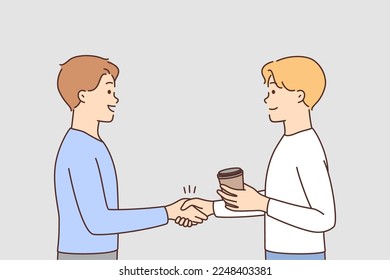 Smiling guys shake hands get acquainted outdoors. Happy men handshake greeting closing deal or making agreement. Vector illustration. Partnership concept. 