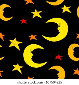 Smiling half moon and stars seamless pattern illustration on black sky background