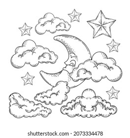 Smiling Half Moon Stars Sky Night 