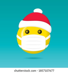 Smiling Halftone Style Face Covered with Santa Hat Protected with Medical Mask Safe Happy New Year 2021 Greeting Concept - Yellow on Turquoise Background - Vector Mixed Graphic Design