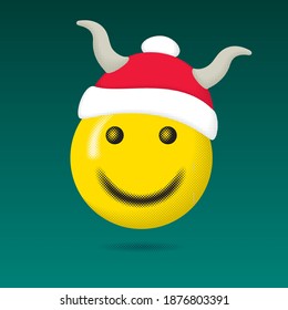 Smiling Halftone Style Happy Face Covered with Santa Hat with Ox Horns Happy New Year 2021 Greeting Concept - Yellow on Turquoise Background - Vector Mixed Graphic Design