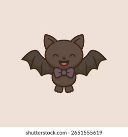 Smiling Halloween bat with purple bow tie cartoon vector illustration