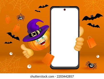 Smiling Halloween character orange pumpkin wearing witch hat holding phone and showing thumb up. Editable Vector illustration, Happy Halloween holiday concept ad banner.