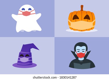 Smiling Halloween Character Wearing Face Mask for Social Distancing. Safety Halloween Celebration during Coronavirus Pandemic. Semi Flat Design Cartoon Style Vector Illustration. 