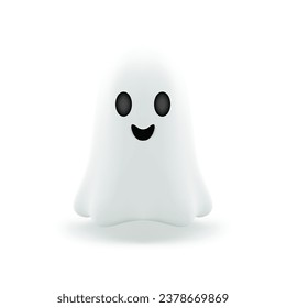 Smiling Halloween ghost adorable positive character 3d icon realistic vector illustration. Cute funny flying spirit evil horror dead soul happy creepy evil monster with happy face isolated on white