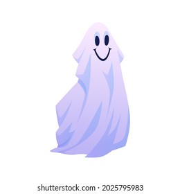 Smiling halloween ghost, floating apparition with positive and friendly facial expression. Kind happy mysterious haunting monster, fantasy creature or magical fiction. Flat cartoon character vector