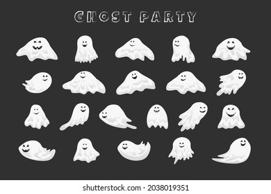 smiling halloween ghosts with scary face, cartoon vector illustration for stickers and party decor