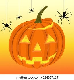 Smiling Halloween pumpkin and black spiders hanging on the web, hand drawing vector illustration