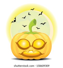 Smiling Halloween Pumpkin with evil bats with dark moon behind isolated on white background. Scary Jack. Vector illustration