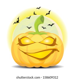 Smiling Halloween Pumpkin with evil bats with dark moon behind isolated on white background. Scary Jack. Vector illustration