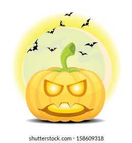 Smiling Halloween Pumpkin with evil bats with dark moon behind isolated on white background. Scary Jack. Vector illustration
