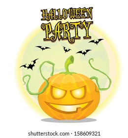 Smiling Halloween Pumpkin with evil bats with dark moon behind isolated on white background. Scary Jack. Vector illustration
