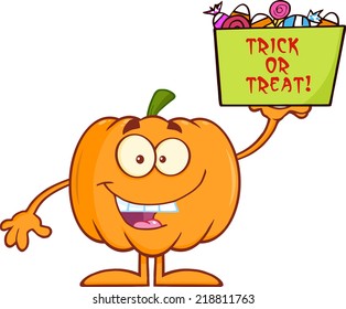 Smiling Halloween Pumpkin Mascot Character Holds A Box With Candy And Text