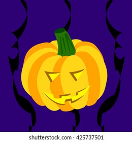 Smiling Halloween pumpkin on a dark blue background with black abstract lines