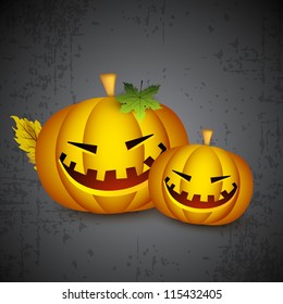 Smiling Halloween pumpkins on grey grungy background. EPS 10.