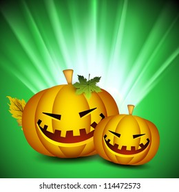 Smiling Halloween pumpkins on shiny rays background. EPS 10.