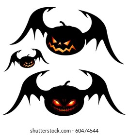 Smiling Halloween pumpkins with wings - black isolated on white (vector)