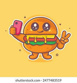 mascota sonriente del personaje de la comida de la hamburguesa tomando un selfie con un smartphone