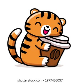 Smiling hand drawn cartoon vector tiger hugs a cup of coffee.  Colorful animal illustration for icon, logo, print, card, sticker, banner. 