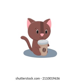 Smiling hand drawn cartoon vector cut hugs a cup of coffee. Colorful animal illustration for icon, logo, print, card, sticker, banner.