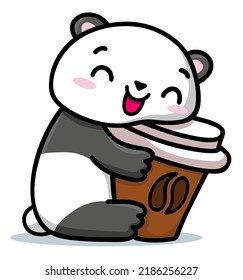 Smiling hand drawn cartoon vector panda hugs a cup of coffee.  Colorful animal illustration for icon, logo, print, card, sticker, banner. 