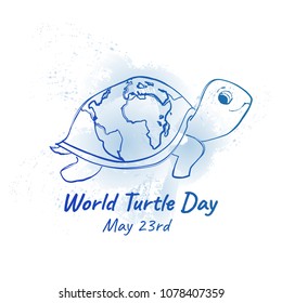 Smiling handdrawn line tortoise on the sand.Isolated on white background.Vector illustration