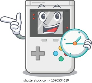 smiling handheld game Scroll cartoon character style with clock
