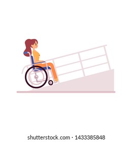 Smiling handicapped woman in wheelchair driving on ramp flat cartoon style, vector illustration isolated on white background. Side view disabled girl sitting wheelchair and riding on rampant