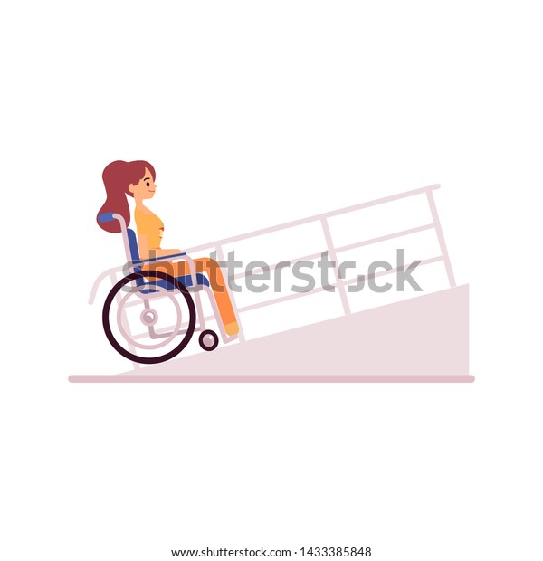 白い背景に車いすで走る笑顔の障害者の女性が スロープの平らな漫画スタイルで ベクターイラスト 車椅子に座り 横倒しの女の子 のベクター画像素材 ロイヤリティフリー