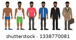 Smiling handsome afro man in different types clothes. Casual, formal and business style. Dark curly hair, beard and brown eyes. Cartoon male characters standing on a white background. Vector image.