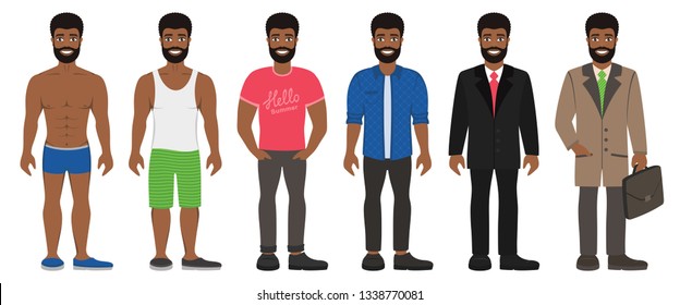 Smiling handsome afro man in different types clothes. Casual, formal and business style. Dark curly hair, beard and brown eyes. Cartoon male characters standing on a white background. Vector image.