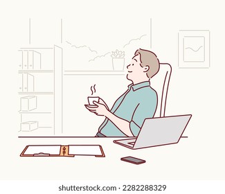 Smiling handsome businessman relaxing and enjoying coffee while taking break from work in office. Hand drawn style vector design illustrations.