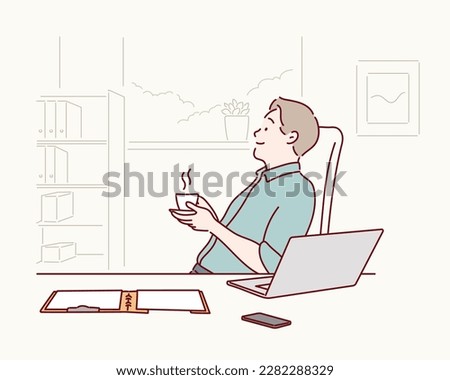 Smiling handsome businessman relaxing and enjoying coffee while taking break from work in office. Hand drawn style vector design illustrations.