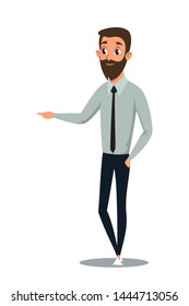 Smiling handsome guy flat vector illustration. Young businessman, office worker in shirt and tie cartoon character. Cheerful hipster with fashionable beard. Confident dude with hand in pocket