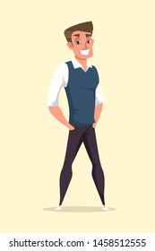 Smiling handsome guy flat vector illustration. Fashionable young man in casual clothes cartoon character. Confident male model in white shirt and stylish waistcoat. Person holding hands in pockets