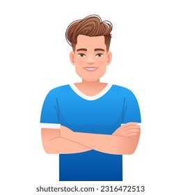 A smiling, handsome guy stands with his arms crossed. A happy confident white man in a blue T-shirt. Vector cartoon illustration on a white background.