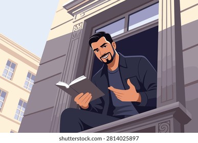 Smiling handsome man with a beard sitting on a window sill of a building and reading a book while enjoying a bright day outside.