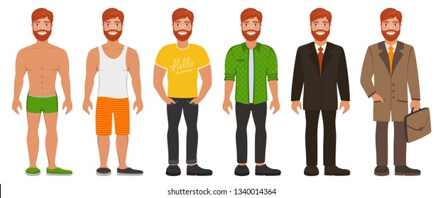 Smiling handsome man in different types clothes. Casual, formal and business style. Bearded redhead guy with blue eyes. Cartoon male characters standing on a white background. Flat vector image.