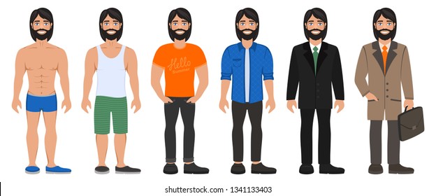 Smiling handsome man in different types clothes. Casual, formal and business style. Bearded long haired guy with blue eyes. Cartoon male characters standing on a white background. Flat vector image.