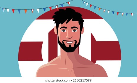 Smiling handsome shirtless man with bunting flag background for Indonesia Independence Day poster