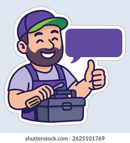 Personagem bonito sorridente com caixa de ferramentas e polegares para cima - reparador de desenhos animados com balão em branco