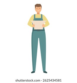 Smiling handyman holding empty cardboard character standing on white background