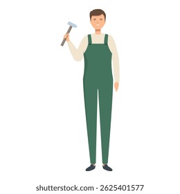 Homem de mão sorridente segurando martelo vestindo macacão verde, construção e conceito de serviços de reparação