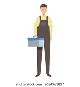 Smiling handyman holding a toolbox wearing overalls and smiling at the camera - Powered by Shutterstock - Get 15% off with code: PIKWIZARD15