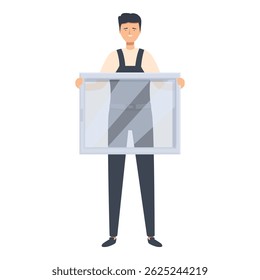 Smiling handyman is holding a window pane, suggesting installation or repair services
