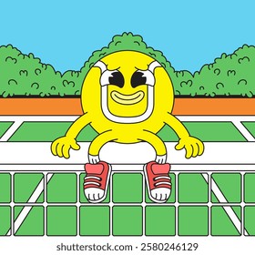 Smiling happily cartoon character mascot tennis ball sitting on a net at the tennis court cartoon vector illustration retro hand drawn