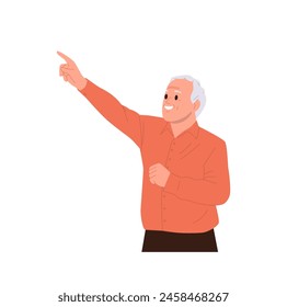 Smiling happily senior man isolated cartoon character looking up and pointing with index finger