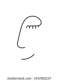 Cara abstracta sonriente feliz. Cara de línea minimalista moderna. Perfil con ojos cerrados y pestañas. Retrato simple y estilizado. Contornos negros aislados en un fondo blanco. Para logotipo, icono. Vector.